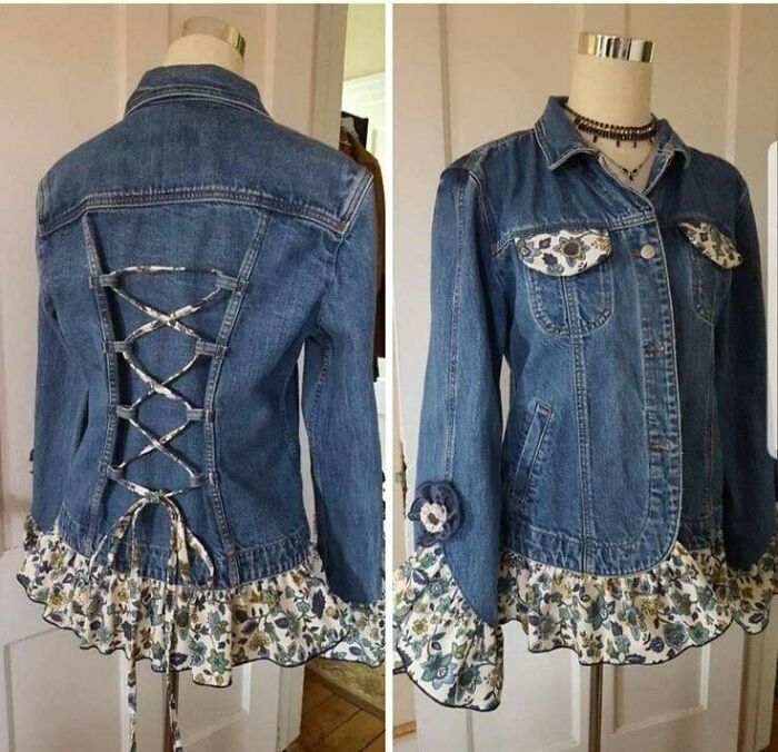 Denim jacket with floral trim and lace-up back showcases creative recycling.