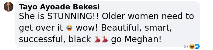 Comment praising Meghan Markle, describing her as stunning and successful, with emojis of dresses and laughing face.