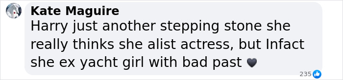 Text message criticizing Meghan Markle with a heart emoji, discussing Hollywood and past rumors.