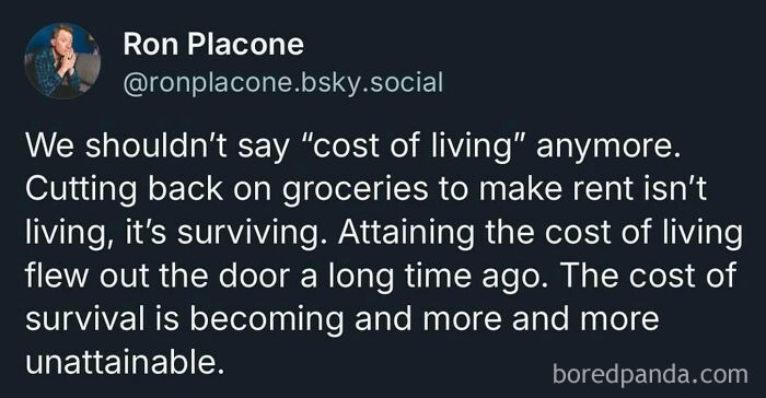 Social media post by Ron Placone discussing the shift from "cost of living" to "cost of survival" due to economic challenges.