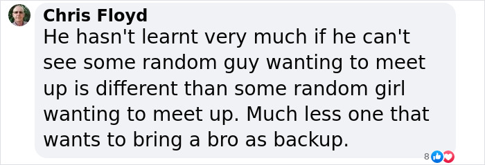 Social media comment discussing gender dynamics and unusual meeting requests.