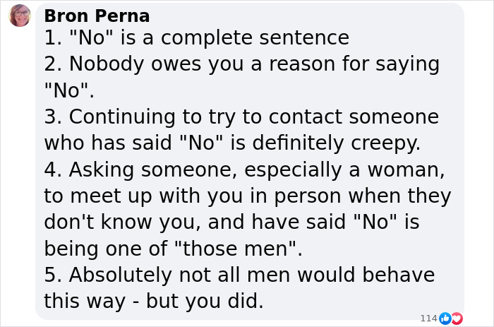 Text message criticizing inappropriate behavior, highlighting "not all men" with a firm refusal and boundary setting.