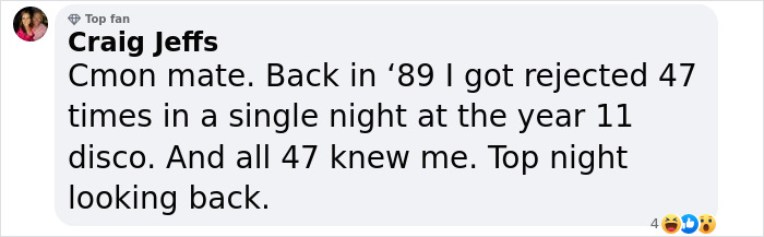 Comment about rejection at disco, mentioning getting rejected 47 times in 1989 by familiar people.