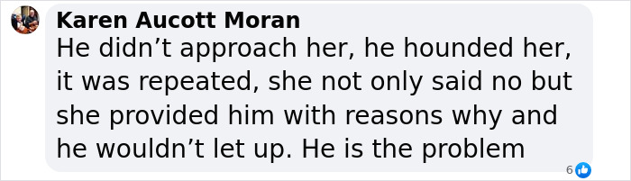 Comment discussing rejection of a "weird" offer by a woman, emphasizing persistent behavior as problematic.