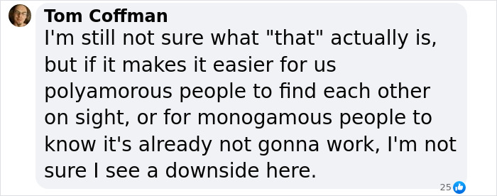 Text response from Tom Coffman on people in open relationships discussing societal perceptions. Text response from Tom Coffman on people in open relationships discussing societal perceptions.