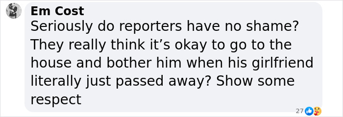 Text expressing frustration at reporters following Michelle Trachtenberg's passing.