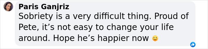 Comment praising Pete's life changes, mentioning sobriety and wishing happiness.