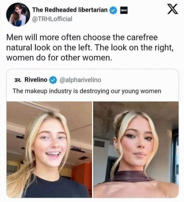 Social media post comparing natural look and makeup look, highlighting social justice issues in beauty standards.