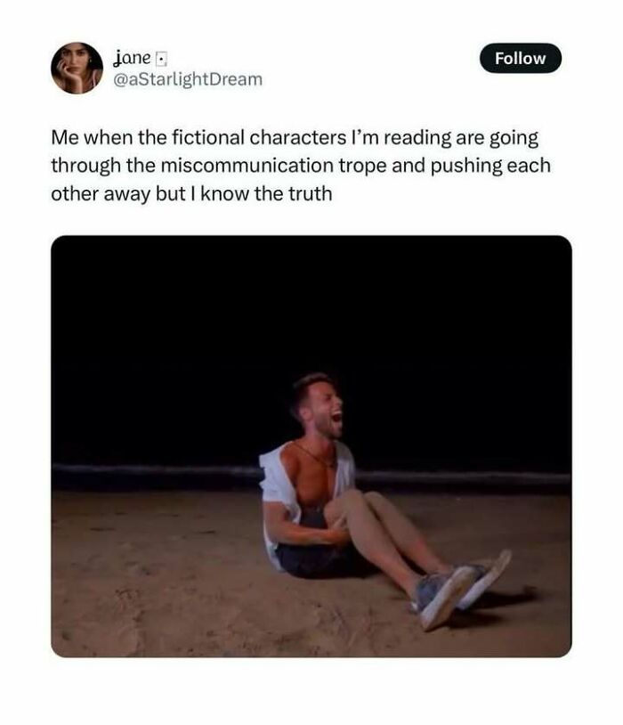 Tweet about fictional characters and miscommunication trope with a man laughing on a beach at night, highlighting social justice themes.