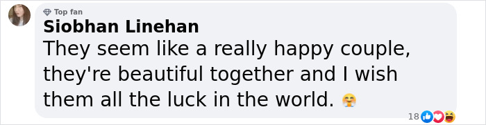 Comment praising a couple, addressing a fianc&eacute;e's appearance with supportive emojis and reactions.