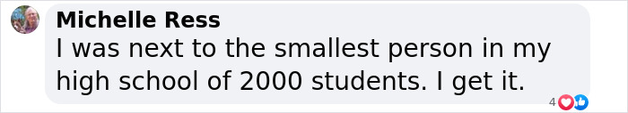 Comment discussing being near the smallest person, relating to peculiar appearance concerns.