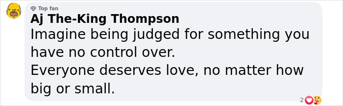 Comment discussing love despite "peculiar" appearance, emphasizing acceptance and understanding.