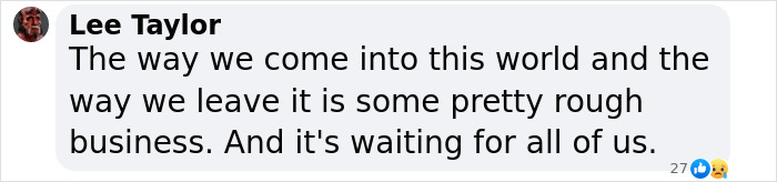 Text message reflecting on life and death, mentioning it's waiting for all, with reactions.