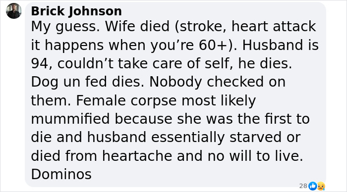 Text screenshot with a comment discussing a wife found mummified after being missing for weeks.