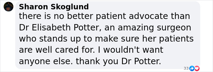 Comment praising surgeon's advocacy and care. Comment praising surgeon's advocacy and care.