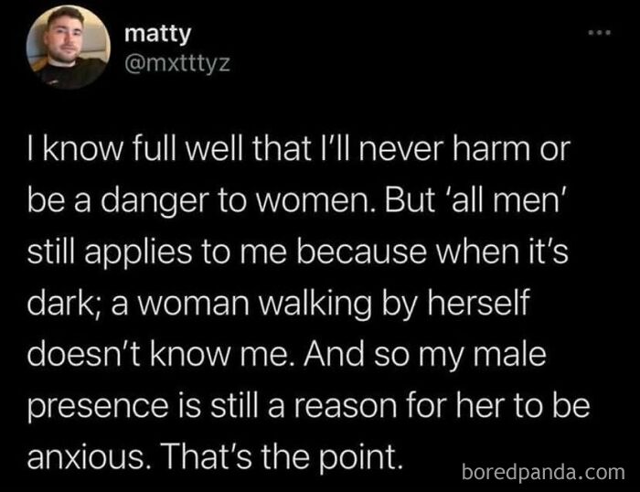 Text highlights a man's reflection on social justice issues related to women's safety at night.