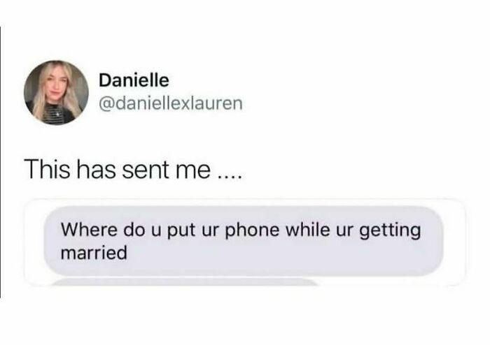 Social media post by Danielle humorously questioning where to put a phone during a wedding.