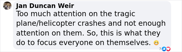 "Comment discussing focus on plane/helicopter crashes, implying others seek attention, with skeptical emoji.