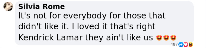 Silvia Rome defends Kendrick Lamar performance with positive emojis in a message. Silvia Rome defends Kendrick Lamar performance with positive emojis in a message.