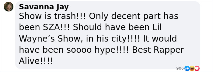 Comment criticizing Kendrick Lamar's halftime performance. Comment criticizing Kendrick Lamar's halftime performance.