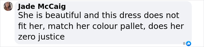 Text from Jade McCaig's comment about dress and color mismatch appears on a digital platform.