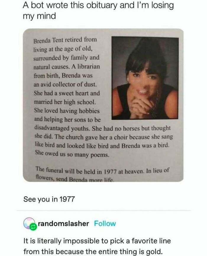 AI-generated humorous obituary making a statement on social justice through satire on social media.