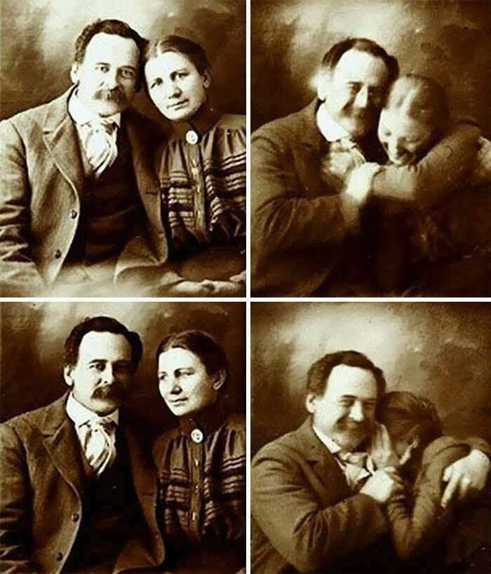Historical couple in sepia-toned photos, showing an affectionate moment and capturing a piece of history.