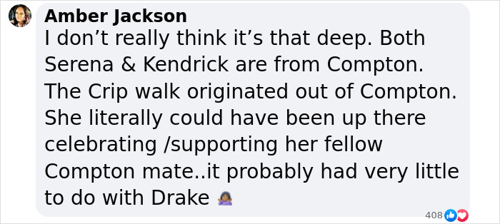 Text screenshot about Serena Williams and the Crip Walk with comments on origins and Compton connections. Text screenshot about Serena Williams and the Crip Walk with comments on origins and Compton connections.