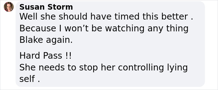 Comment about Blake Lively's alleged drama with co-star, expressing dissatisfaction and refusal to watch her work.