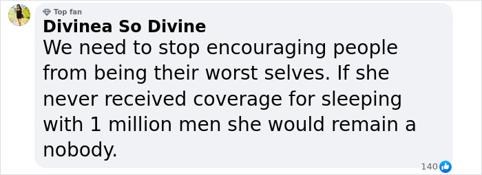 Comment discussing media coverage of a person known for sleeping with many men. Comment discussing media coverage of a person known for sleeping with many men.