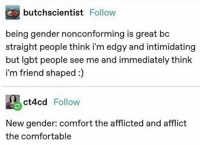 Social media post on social justice: humorous take on gender nonconformity and challenging norms.