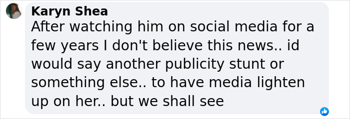 Comment questioning Kanye West and Bianca Censori's divorce as a publicity stunt.