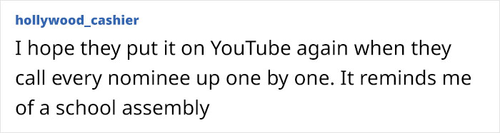 Text post by user commenting on the 2025 Oscars nominees, mentioning YouTube and a school assembly. Text post by user commenting on the 2025 Oscars nominees, mentioning YouTube and a school assembly.