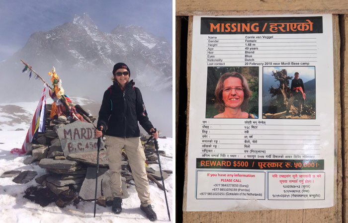 Hiker posing at a snowy mountain base; missing person poster hints at photographs with terrifying backstories.