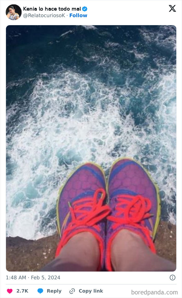 Colorful sneakers dangling over a cliff edge with waves below, capturing a frightening moment related to terrifying backstories.
