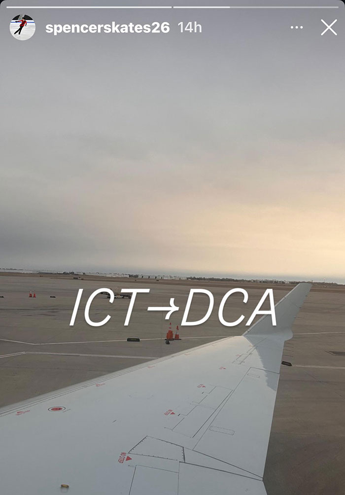 Airplane wing on the tarmac at sunrise, with the text "ICT→DCA," linked to photographs with terrifying backstories.