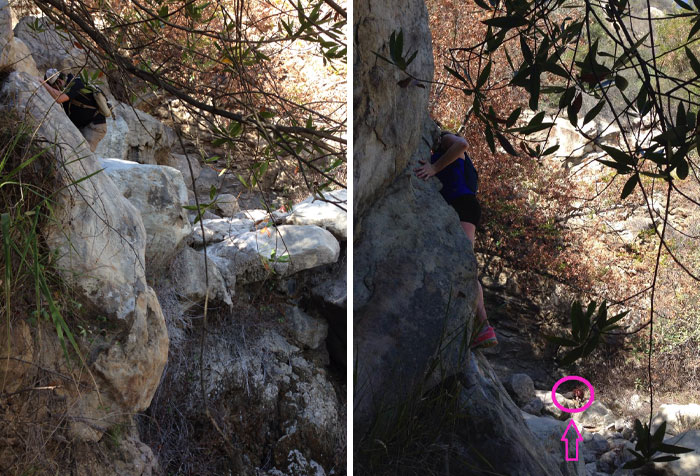 Climber on a rocky path with a hidden snake, illustrating terrifying backstories of photographs in nature.