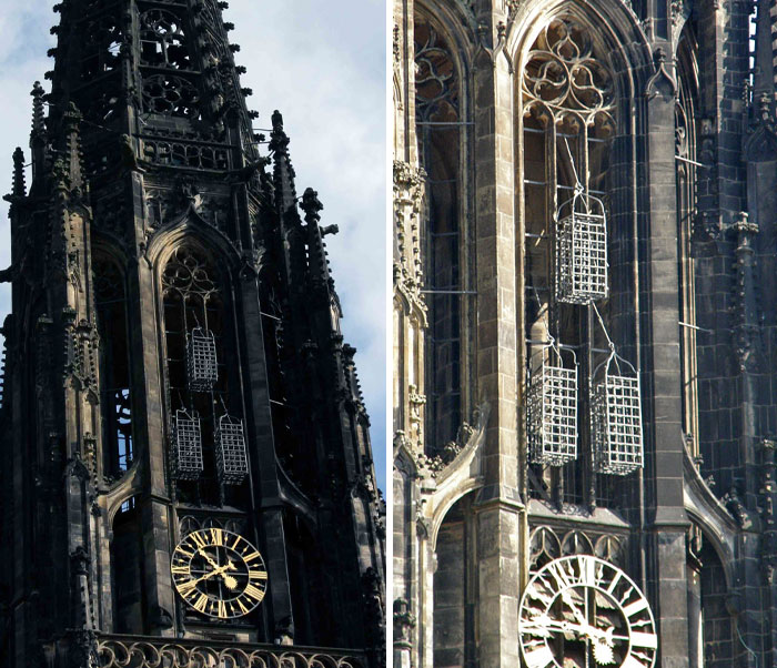 Gothic cathedral towers with ominous cages; notable for terrifying backstories.