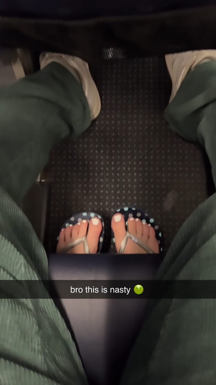 Feet in flip-flops invading personal space on flight, with caption "bro this is nasty" indicating passenger discomfort.