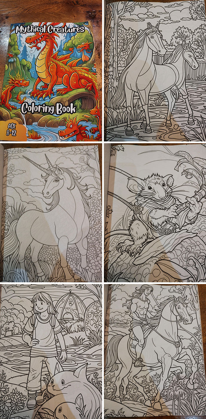 Poorly designed book with mythical creatures for coloring, featuring dragons, unicorns, and various characters.