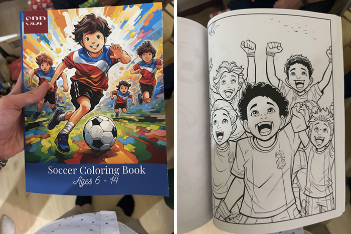 Colorful soccer-themed book cover and black-and-white illustrations, highlighting poorly-written-designed-books for children.
