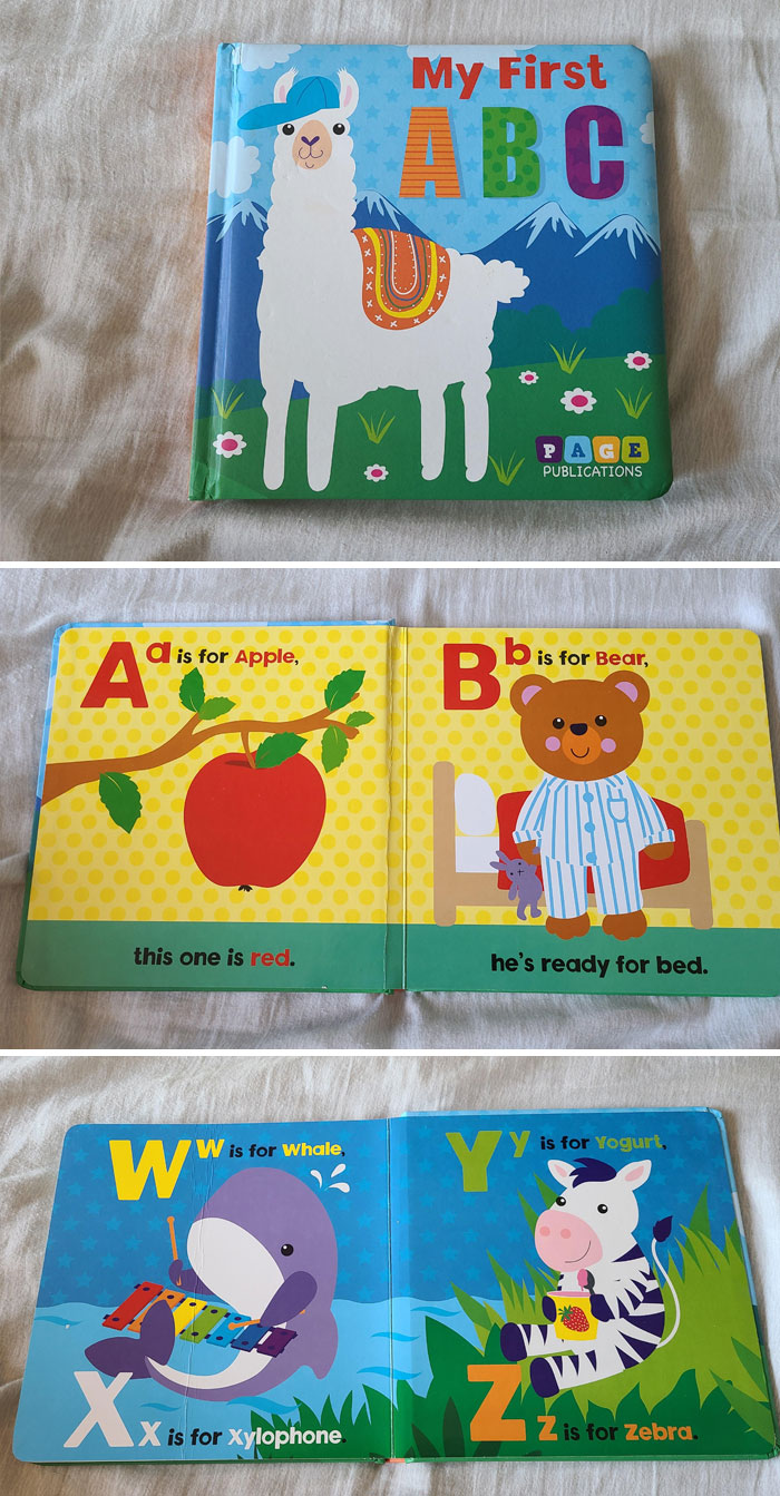 Children's alphabet book with illustrations; example of poorly written designed books.