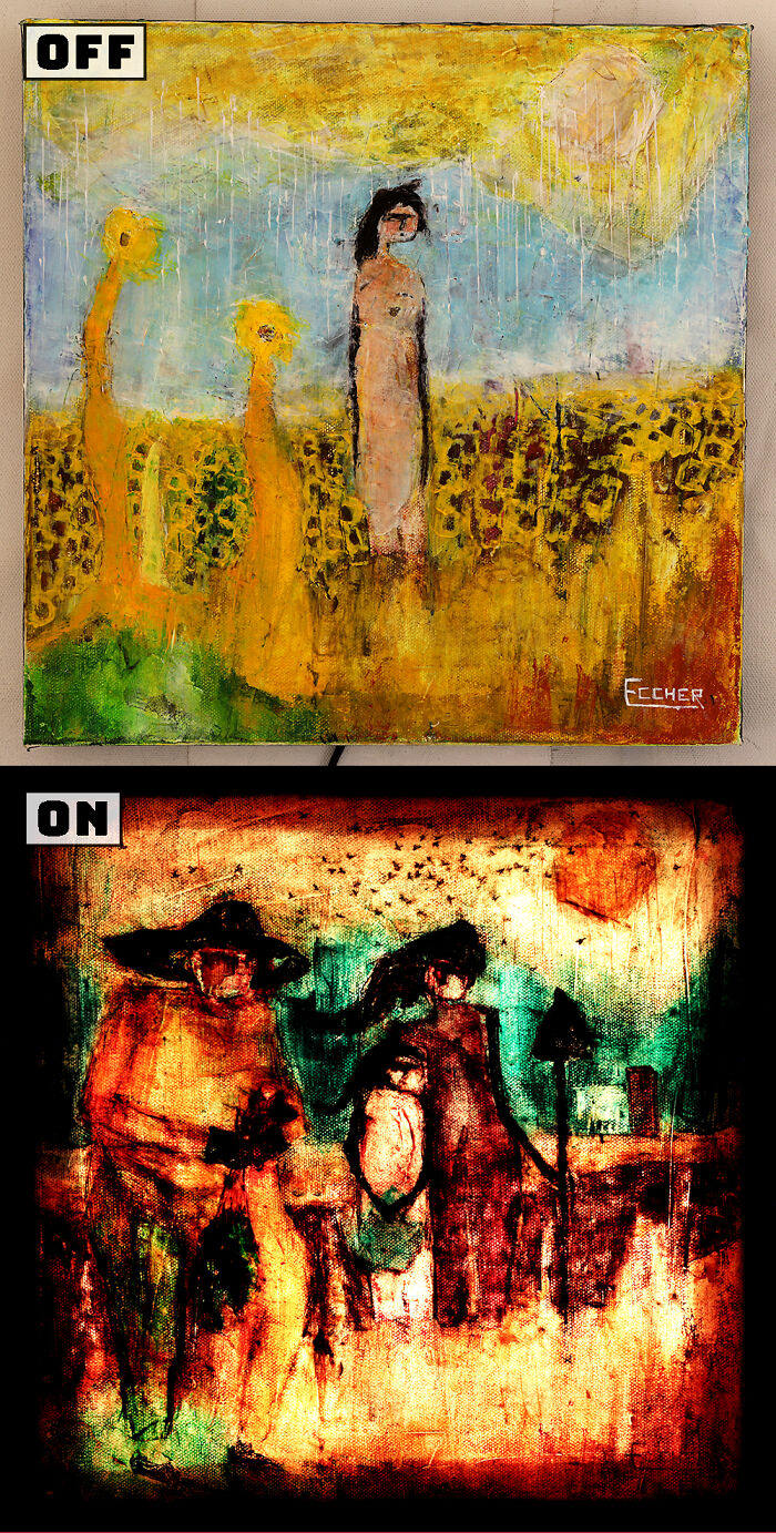 I Paint Two Paintings On One Canvas That Then Are Interchangeable Using LED Lights (6 Pics)