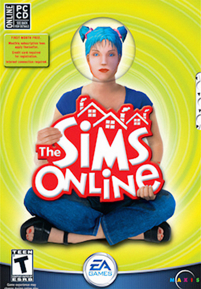 "The Sims Online cover art featuring a character with blue hair, highlighting a product that failed despite being good."