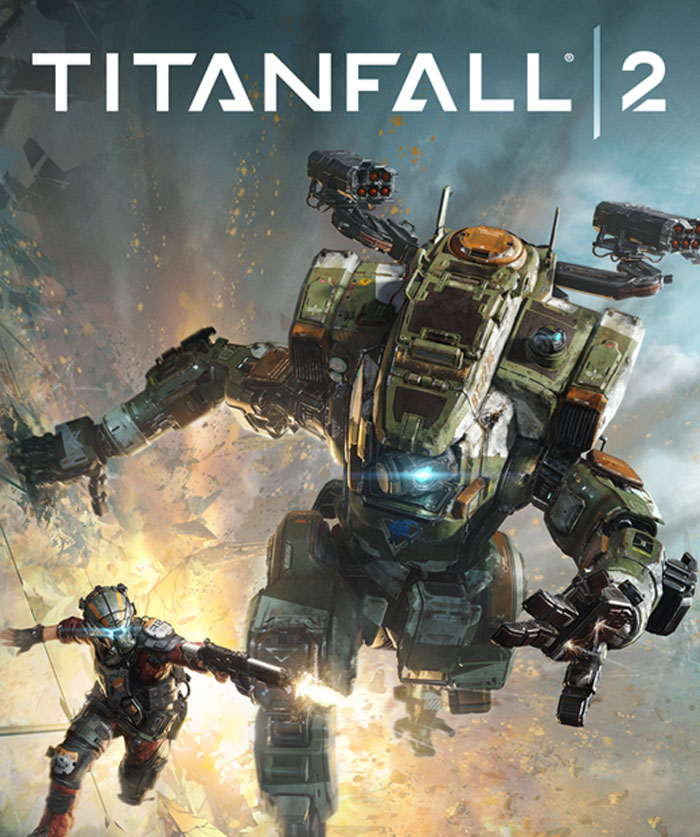 Titanfall 2 game cover showing a soldier and a giant mech in an action scene.