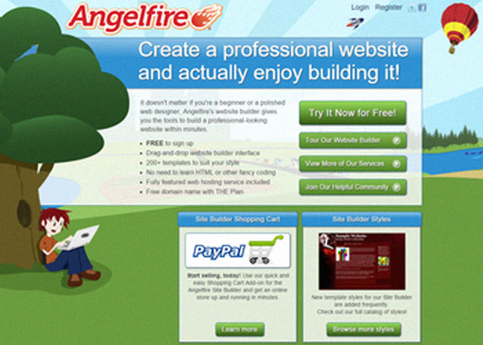 AngelFire web hosting platform advertisement, highlighting features for building professional websites easily.