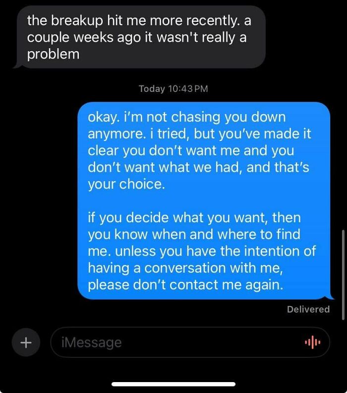Awkward and confusing breakup text exchange discussing emotional boundaries and intentions.
