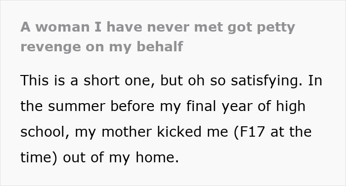 Text about a teen's experience with a difficult mother, involving a stranger's revenge.