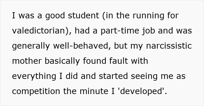 Text describing a teen's struggle with a difficult mother, highlighting their achievements and her reactions.