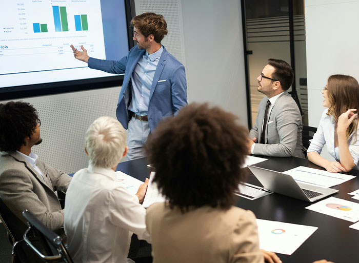 Business meeting with a presenter in a blue suit explaining data on a screen to colleagues around a table.